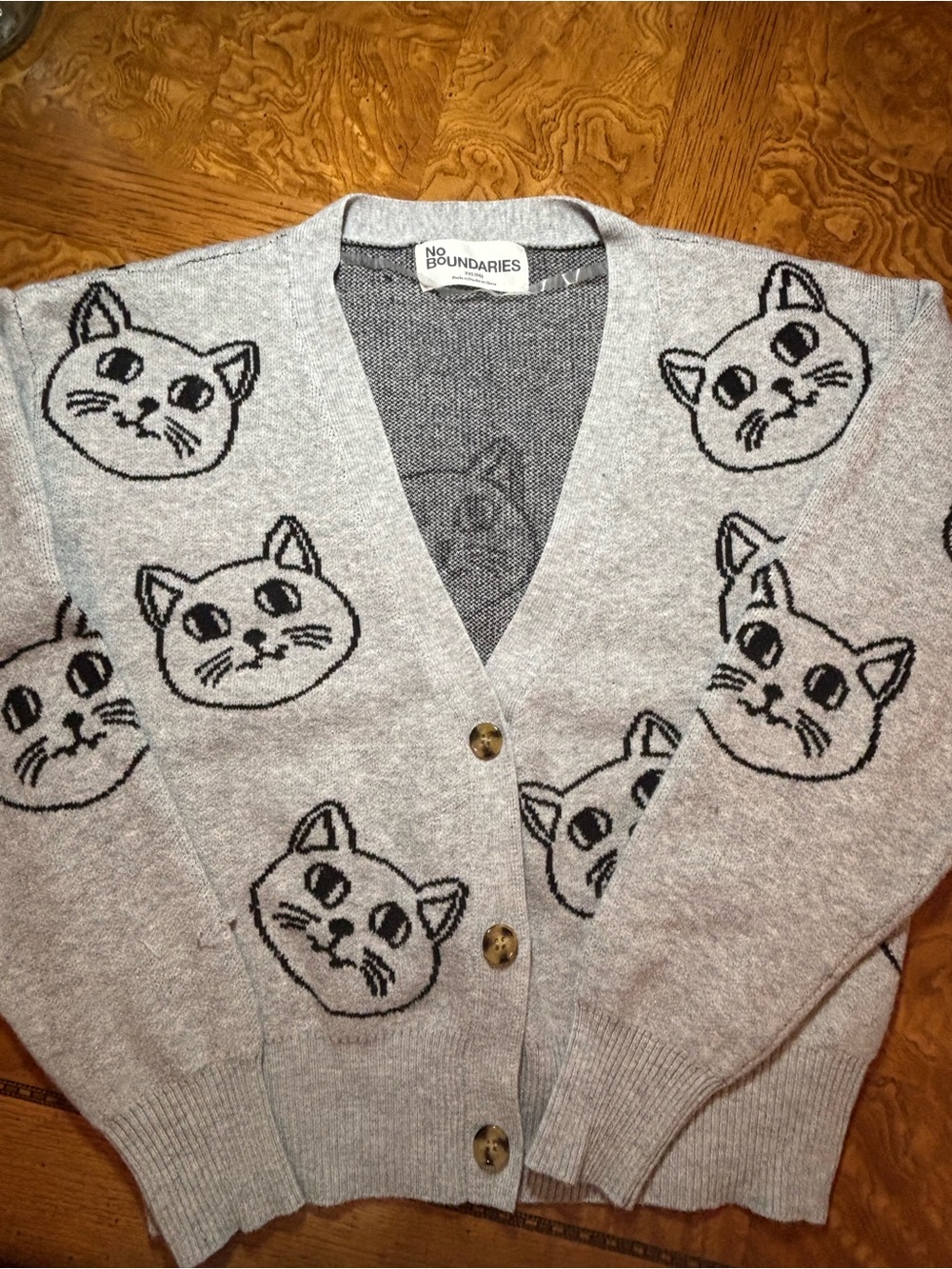No Boundaries Light Gray Cat Face Button Cardigan